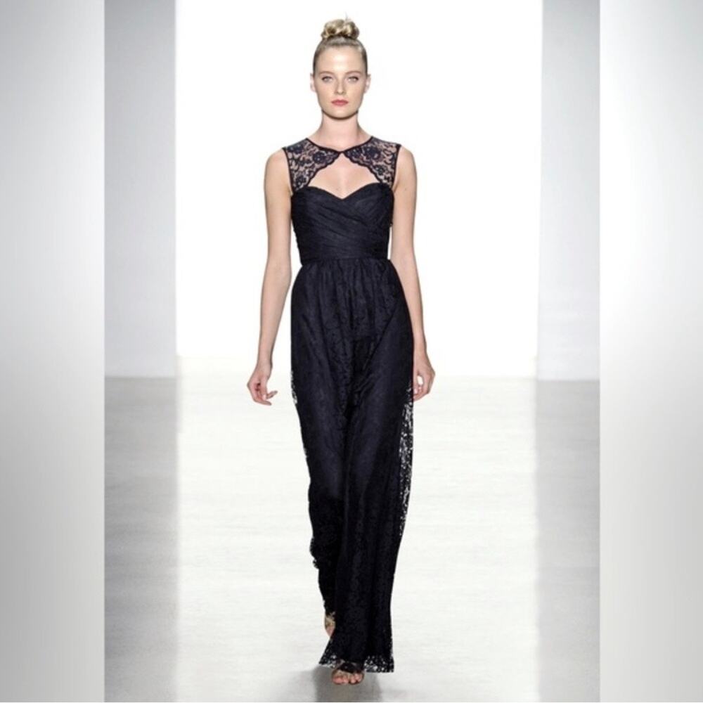 Amsale Black Lace Key Hole Front Back Cut Out Neckline Floor Length Gown Size 6